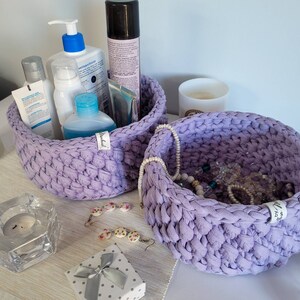 Crochet basket for small items, Set of two baskets, Purple round box, Makeup organizer, Basket storage set, Bedroom decor, Gift for friend