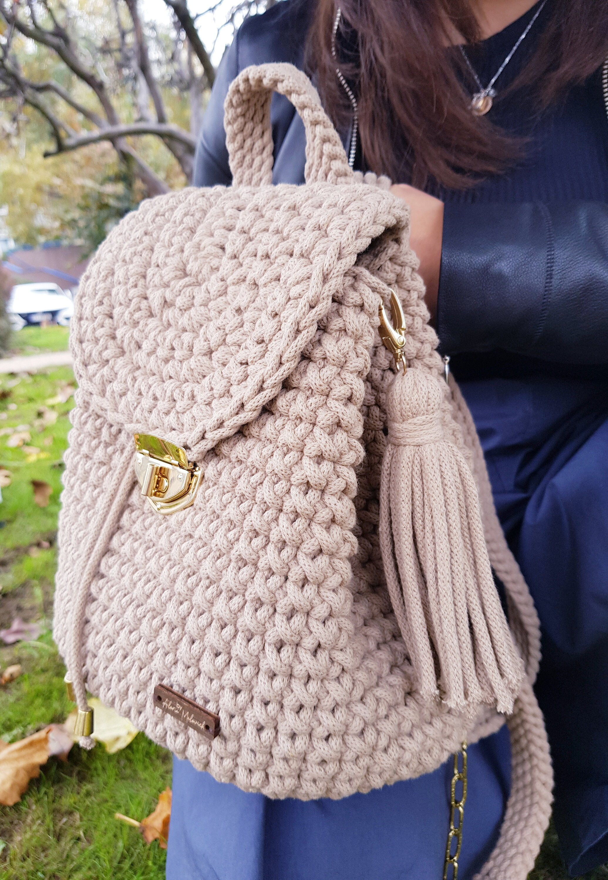 Handcrafted Beige Crochet Backpack Crochet Beige Backpack, Knitted Medium Backpack, Women  main image 2