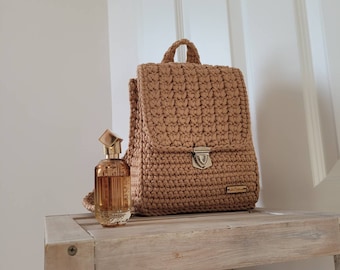 Beige crochet backpack, Knit small backpack, Crochet  backpack purse,  Girl knit backpack purse, rucksack, gift for her, mini backpack