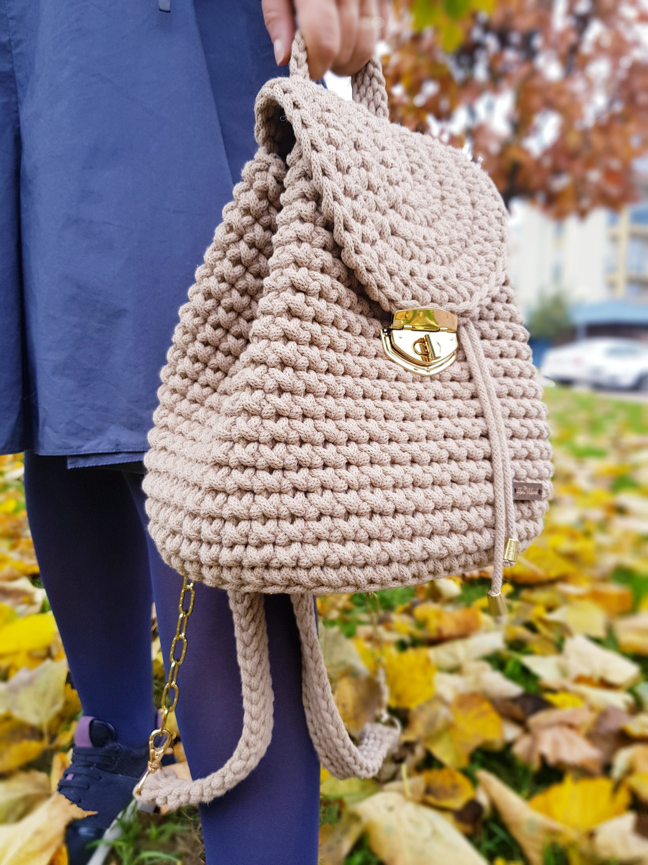 Crochet Beige Backpack, Knitted Medium Backpack, Women 