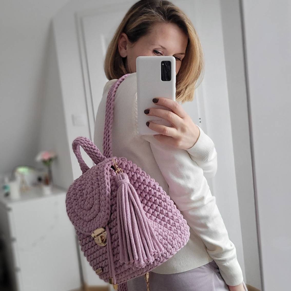 Pink Handmade Backpack, Knit Small Backpack, Crochet  display picture 3