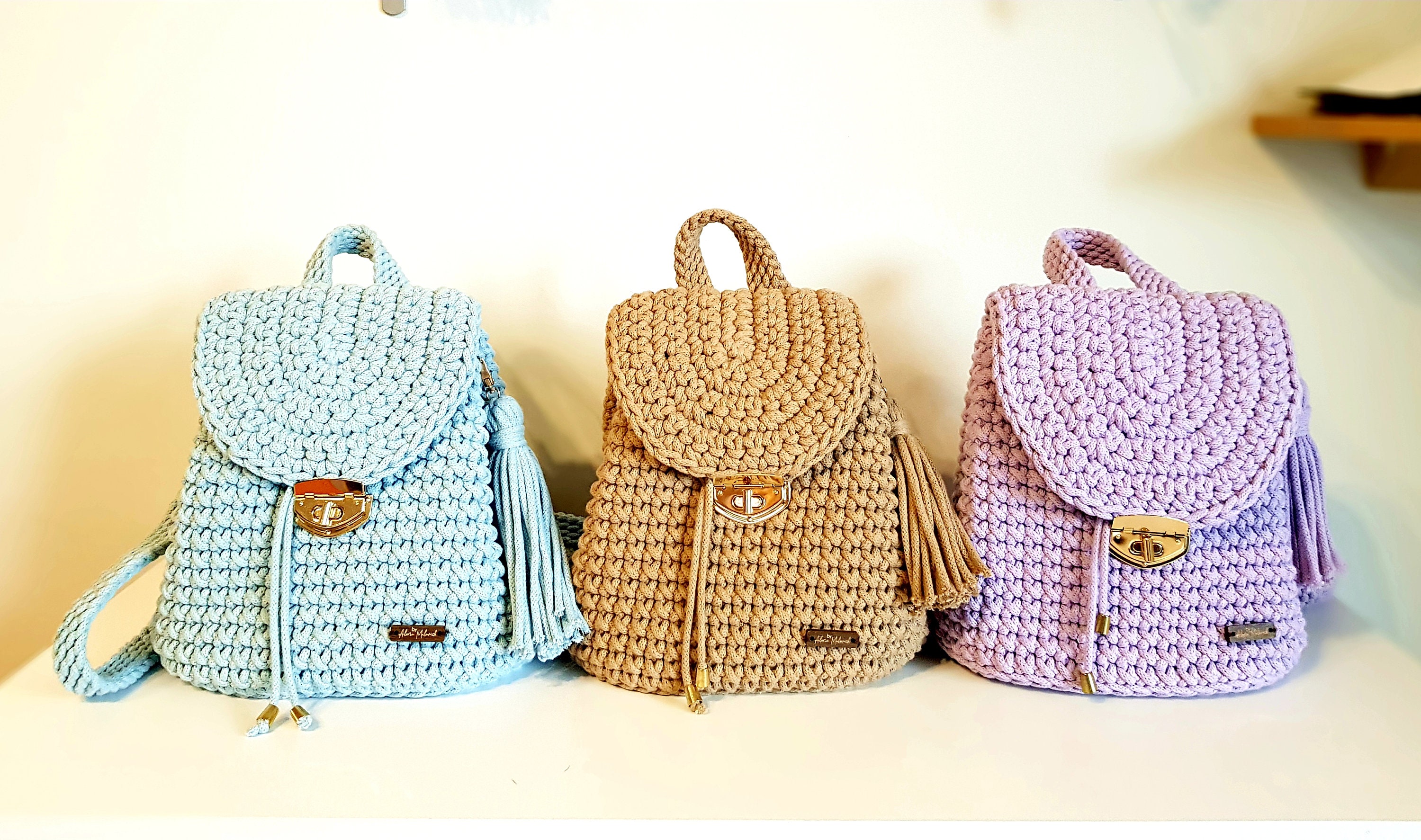 Blue Handmade Backpack, Knit Medium Backpack, Crochet  display picture 3