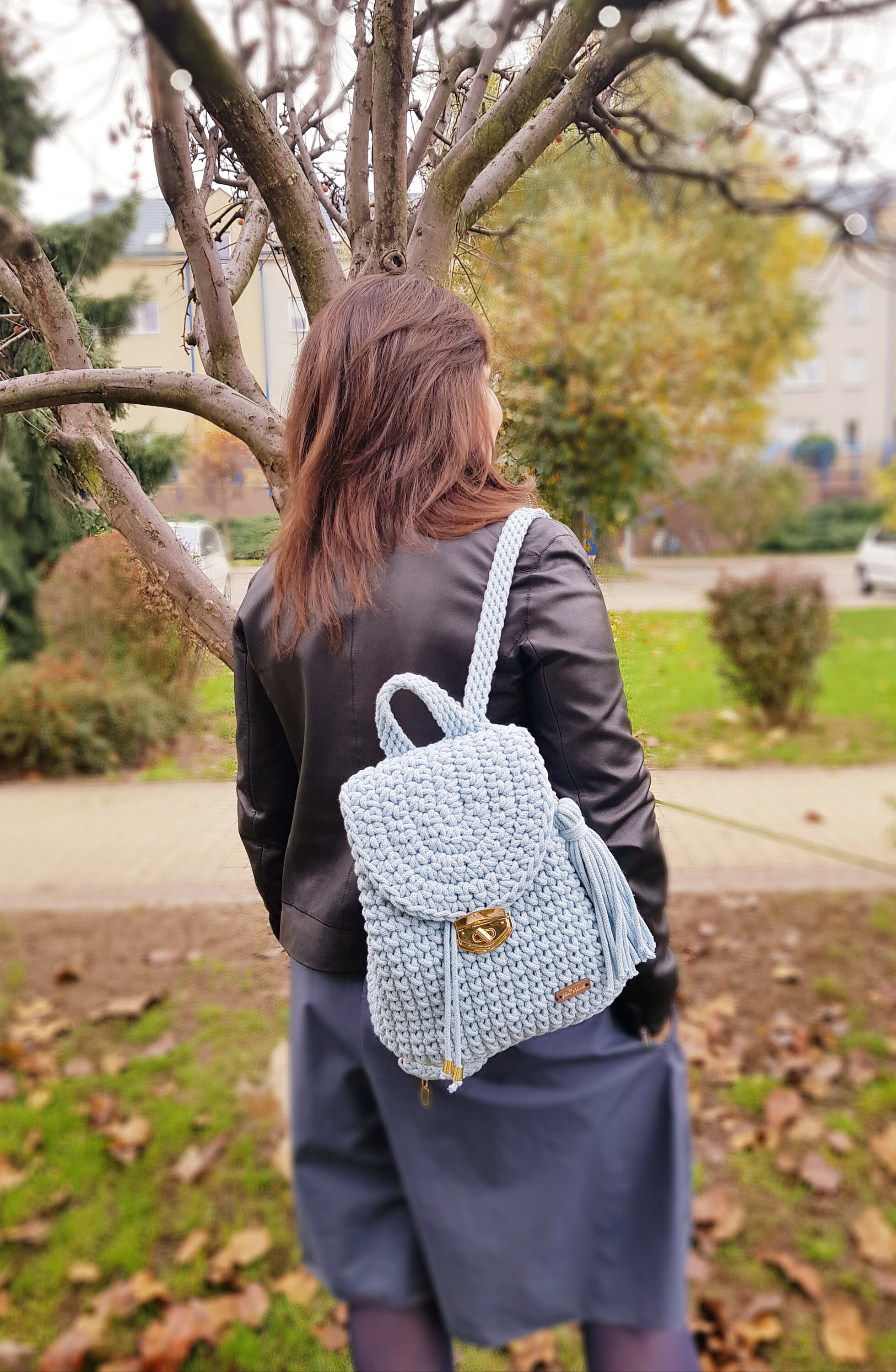Handcrafted Blue Knit Backpack Blue Handmade Backpack, Knit Medium Backpack, Crochet  main image 3