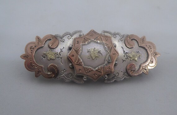 1894 Sterling Silver & Gold Brooch. Victorian. Rom