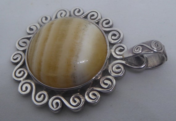 Unique Boho Versatility Vintage 1970s Sterling Silver Large Pendant Necklace and Brooch with Yellow Banded Agate Cabochon
