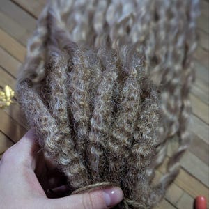 May include: A bundle of light brown and blonde synthetic dreadlocks. The dreadlocks are tied together with a brown string.
