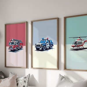 Police Firetruck Helicopter - Boys Room Wall Art