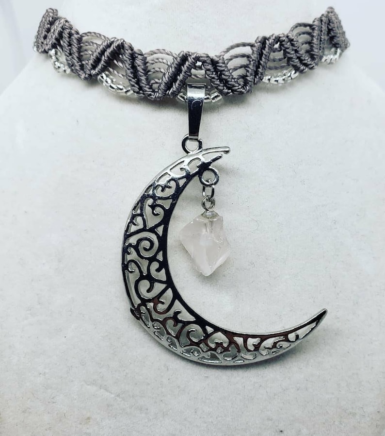 Macrame Choker Gray Micro macrame necklace Moon Necklace Crystal Jewelry Cresent Moon Choker Quartz Crystal Choker Celestial Jewelry