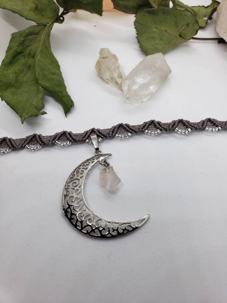 Macrame Choker Gray Micro macrame necklace Moon Necklace Crystal Jewelry Cresent Moon Choker Quartz Crystal Choker Celestial Jewelry