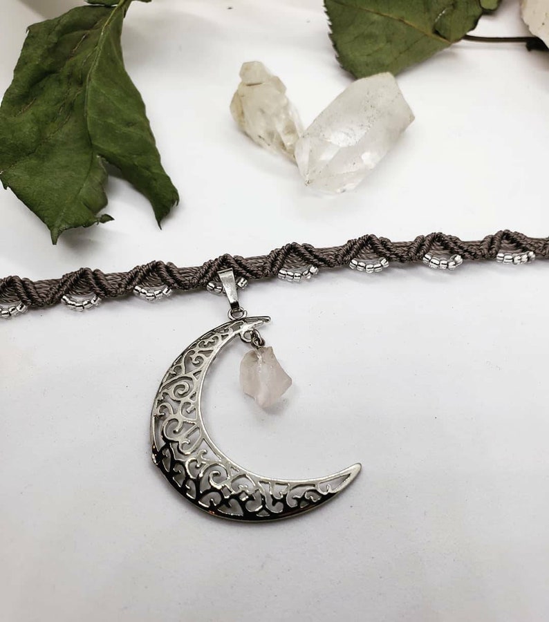 Macrame Choker Gray Micro macrame necklace Moon Necklace Crystal Jewelry Cresent Moon Choker Quartz Crystal Choker Celestial Jewelry