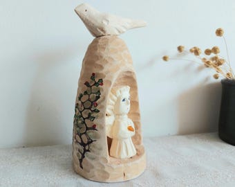 Hand Carved Linden Wood Angel Statuette: Baltic Amber Accent, Lithuanian Art