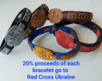 Genuine Leather Bracelet with Embossed Ornaments, Support for Ukraine, Unique Leather Accessory for Men & Women with Brass Popper, Handmade