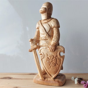 Knight Armour Sculpture Hand Carved Medieval Warrior Tudor Rose Emblem 15 century Statue Figurine Wooden Original Statuette Lithuanian Art