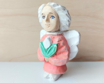 Hand Carved and Painted Wooden Small Angel with Flower