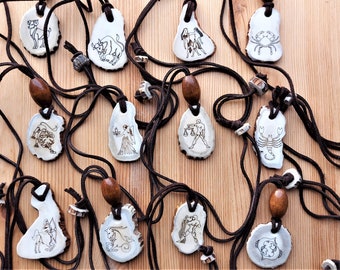 Elk Antler Zodiac Pendant on Genuine Leather Cord: Original Necklace