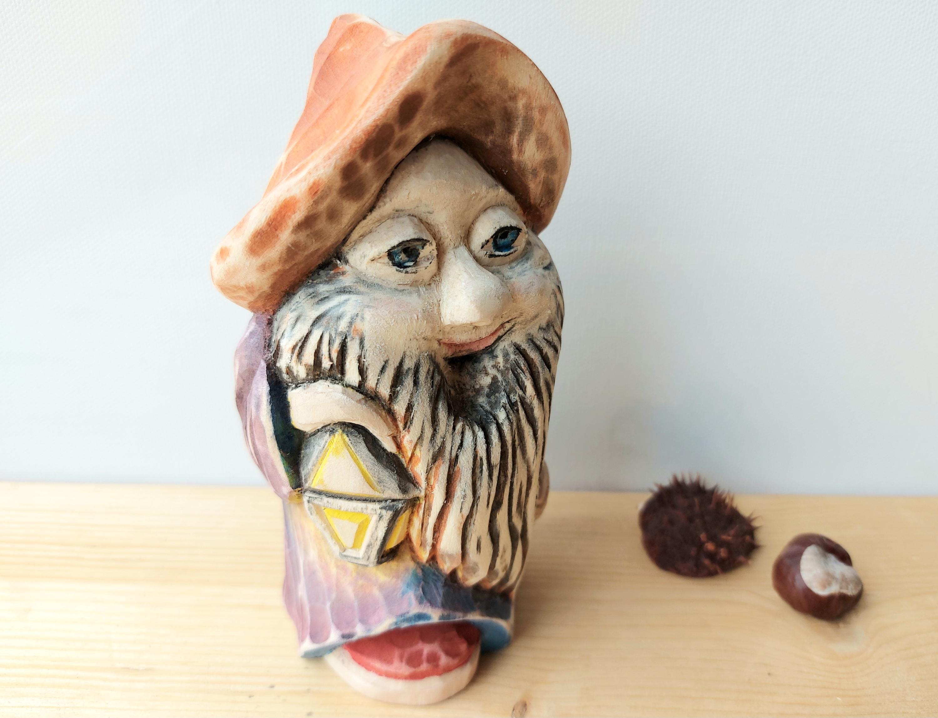 Wooden Hand Carved Dwarf Statuette Forest Sprite Gnome with Lantern Funny Fairy Tale Figurine Original Organic Home Décor Lithuanian Gift
