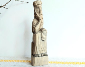 Wooden Carved Sculpture Pensive Christ Statue Rupintojelis Original Artwork Worrying Christ Christian Art Traditional Lithuanian Art