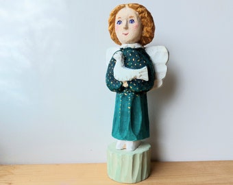 Angel Wooden Hand Carved Statuette, Guardian Angel with Dove, Praying Angel, Small Green Angel, Christian Gift, Lithuanian Art