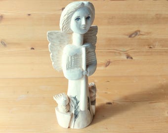 Hand Carved Linden Wood Angel with Trumpet: Original Sculpture