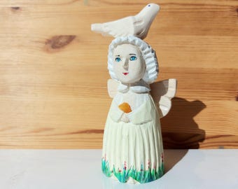 Hand Carved Wooden Angel with Dove in Flowers: Original Statuette with Baltic Amber