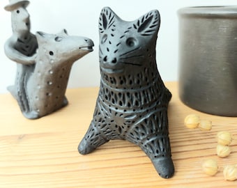 Handmade Black Ceramic Cat Statuette Whistle: Original Ceramic Art