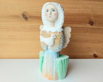 Hand Carved Wooden Angel with Dove: Original  Sculpture