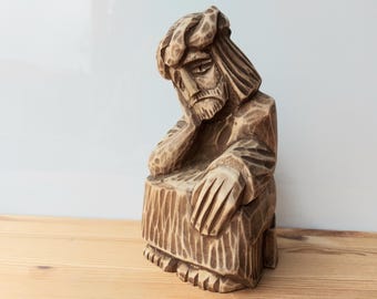 Pensive Christ, Worrying Jesus: Wooden Hand Carved Statue