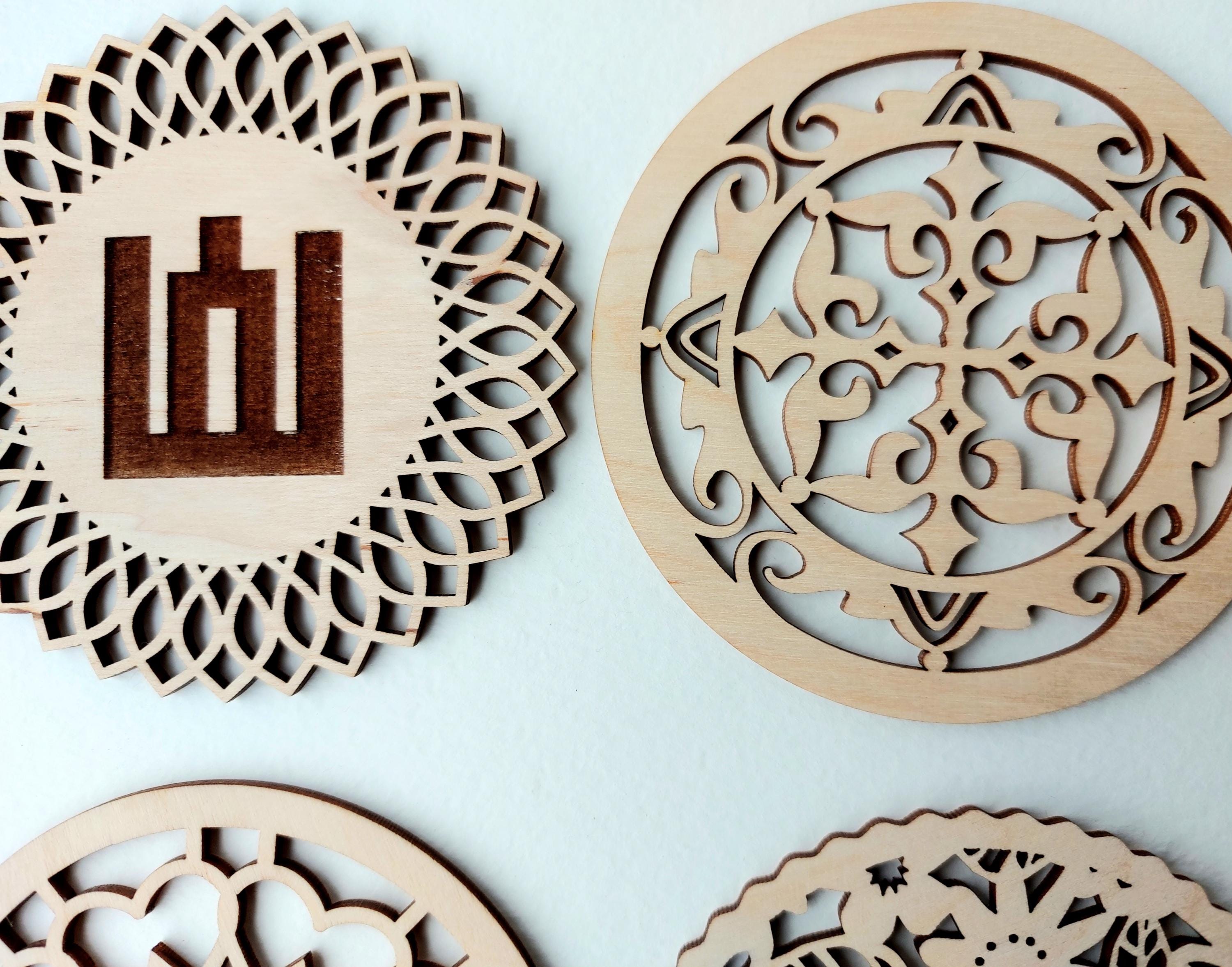 Set of 4 Wooden Tea Coasters, Coffee Coasters, Laser Cut Engraved Coasters, Symbols and Wild Animals of Lithuanian Woods, Lithuanian gift