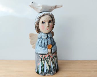 Hand Carved Angel with Dove in Flowers, Original Wooden Sculpture, Hand Carved and Painted Statuette with Genuine Baltic Amber, Art Gift
