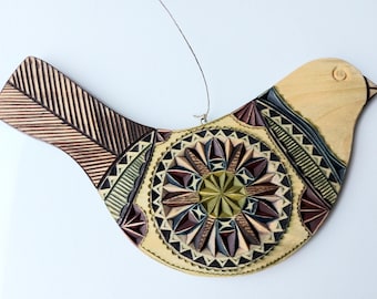 Wooden Hand Carved Bird Ornament, Pagan Symbols, Traditional Baltic Art, Colored Wood Decoration Original Interior Ornament, Lithuanian gift