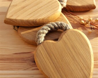 Cutting Board Heart Shape, Oak Wood Serving Board with Linen Fiber Handle, Handcrafted Chopping Board, Organic Decor