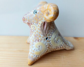 Ram Ceramic Whistle, Hand Made Animal Figurine, Unique Toy, Traditional Fired Glazed Ocarina, Clay Pottery Collection Item, Lithuanian Art