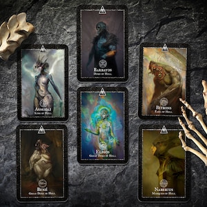 May include: Seven tarot cards with black borders and silver accents, each featuring a different demon from Hell. The cards are arranged in a grid pattern on a dark gray stone background. The demons are depicted in a variety of poses and expressions, and each card includes the demon's name and title.