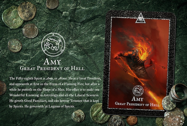 May include: A black and red card with a white border and a gold seal. The card features an illustration of a fiery demon with chains. The text on the card reads "AMY GREAT PRESIDENT OF HELL".