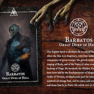 May include: A black and white illustration of a demon with a blue body and a crown. The image is set against a dark background with a black frame. The text "Barbatos Great Duke of Hell" is written below the image.