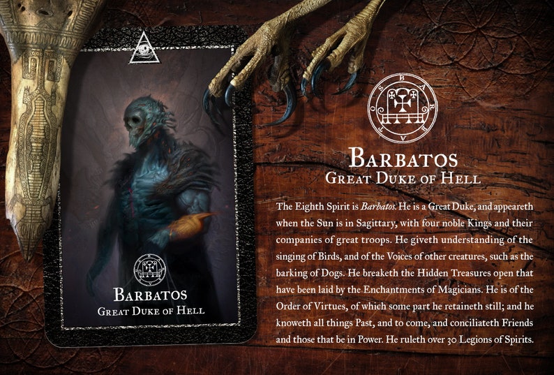 May include: A black and white illustration of a demon with a blue body and a crown. The image is set against a dark background with a black frame. The text "Barbatos Great Duke of Hell" is written below the image.