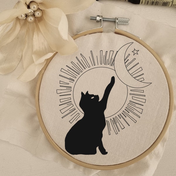 Broderie de Chat noir, motif de broderie facile, tutoriel, broderie mystique avec décor céleste, points de broderie pour débutant