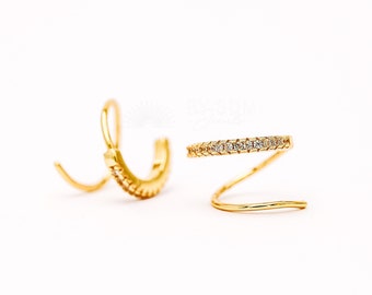 Orecchini a doppio cerchio • È necessario solo 1 piercing • Orecchini a spirale con pavé, oro • BYSDMJEWELS