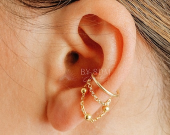 Minimalist Ear Cuff • Gold Ear Cuff • No Piercing One Band And Double Chain Ear Cuff • Ear Cuff No Pierced • BYSDMJEWELS