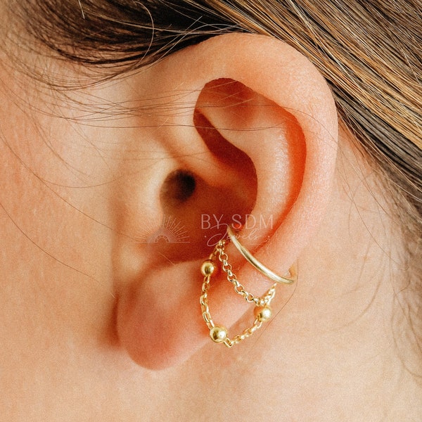 Minimalist Ear Cuff • Gold Ear Cuff • No Piercing One Band And Double Chain Ear Cuff • Ear Cuff No Pierced • BYSDMJEWELS