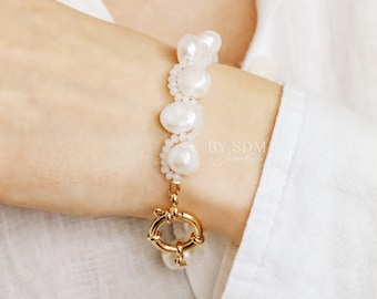 Bracciale con vere perle d'acqua dolce naturali • Bracciale delicato in acciaio inossidabile • Bracciale con perline e perline Regalo per la damigella d'onore • Regalo di San Valentino