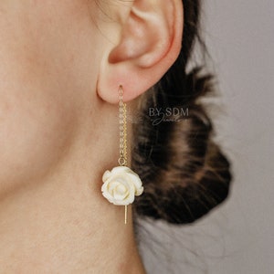 White Rose Threader Earrings: 18K Gold Plated Sterling Silver