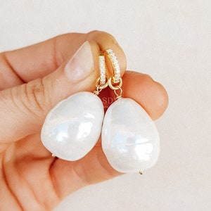 Pearl Hoop Earrings, Dangle Pearl Hoops, Gold Pearl Earrings, Bridesmaid Jewelry, Wedding Jewelry, Gift for Mom Hoop Earrings
