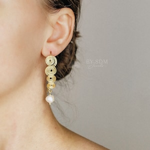 Handmade Gold Brass Pearl Dangle Earrings: Freshwater Pearl Drop