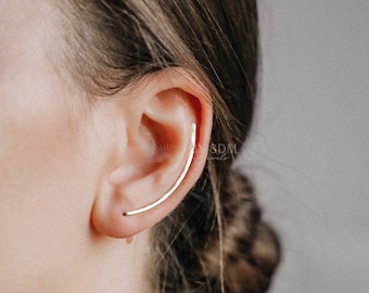 40 mm Dainty Long Ear Climbers, Ear Crawler, Gold Ear Cuff, Bar Ear Climber Silver Sweep Ear Pins Rose Gold Hammered Ear Climber Earrings