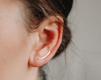 15 mm Dainty Long Ear Climbers, Ear Crawler, Gold Ear Cuff, Bar Ear Climber Silver Sweep Ear Pins Rose Gold Hammered Ear Climber Earrings