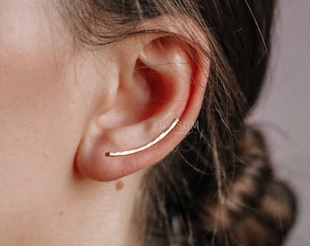 30 mm Dainty Long Ear Climbers, Ear Crawler, Gold Ear Cuff, Bar Ear Climber Silver Sweep Ear Pins Rose Gold Hammered Ear Climber Earrings