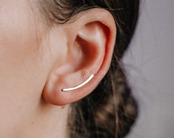 25 mm Dainty Long Ear Climbers, Ear Crawler, Gold Ear Cuff, Bar Ear Climber Silver Sweep Ear Pins Rose Gold Hammered Ear Climber Earrings