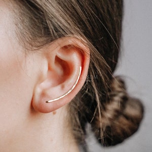 35 mm Dainty Long Ear Climbers, Ear Crawler, Gold Ear Cuff, Bar Ear Climber Silver Sweep Ear Pins Rose Gold Hammered Ear Climber Earrings
