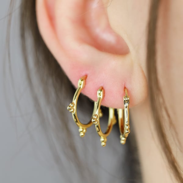 Dainty Beaded Spikes Huggie Hoop Earrings, Dainty & Minimalist 9 Balls Hoop Earrings, Hoop Earrings with Tiny Balls, 12mm Hoops, Gold Hoops